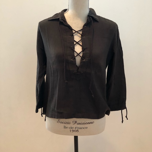 French Connection Dk BWN Criss Cross Tie FRT Top M - Picture 2 of 4